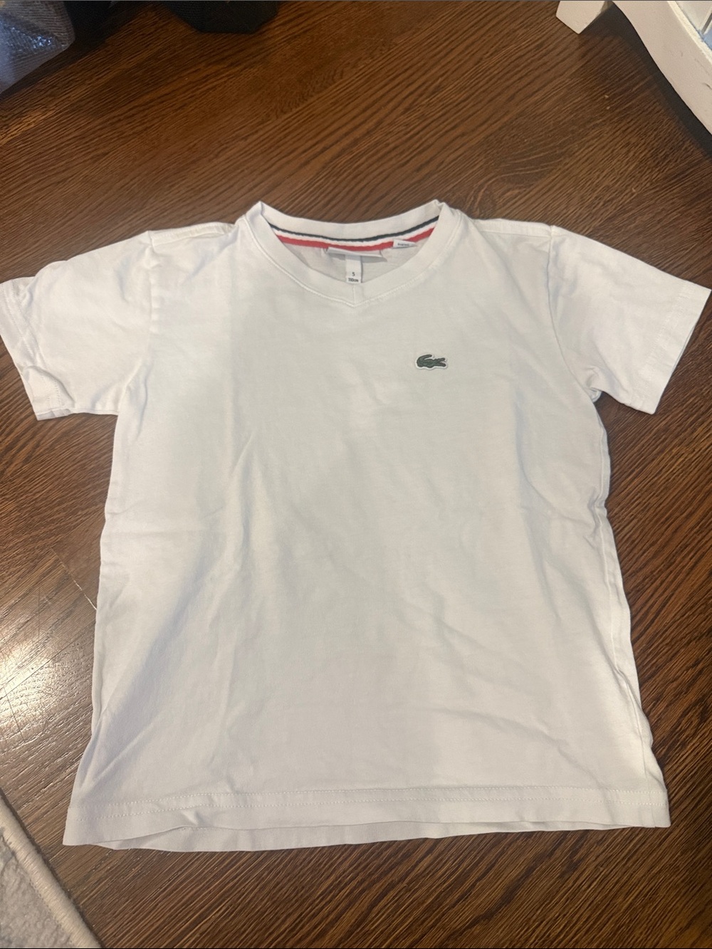 Lacoste Kids White V-Neck Tee with Green Crocodile Logo